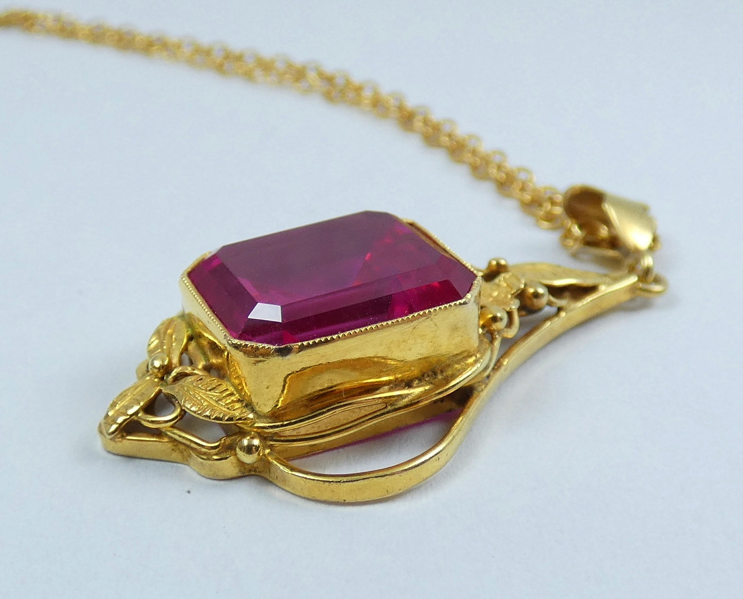 Antique Edwardian Solid 9ct Yellow Gold Ruby Pendant 41cm 16" Cable Necklace Red