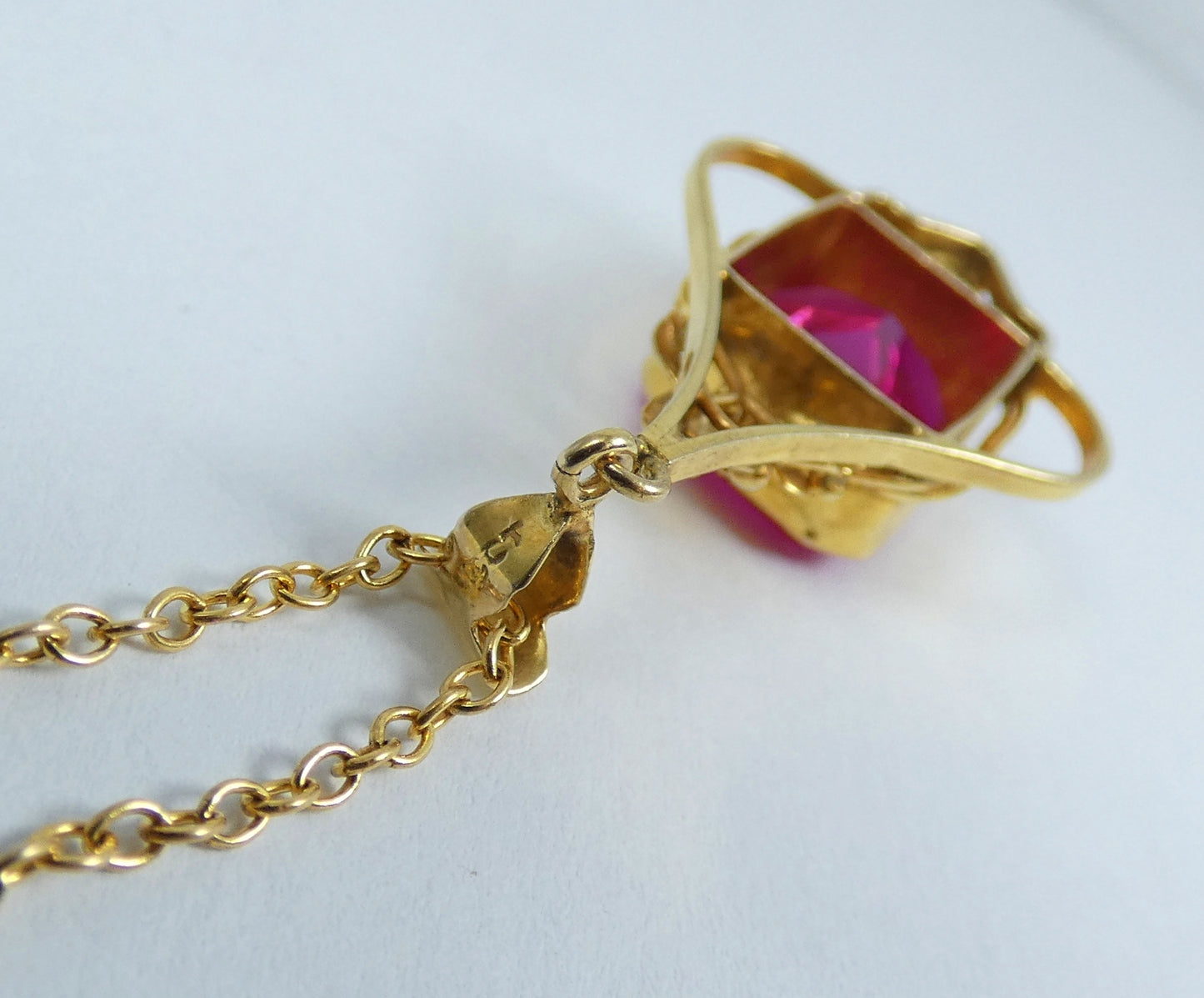 Antique Edwardian Solid 9ct Yellow Gold Ruby Pendant 41cm 16" Cable Necklace Red