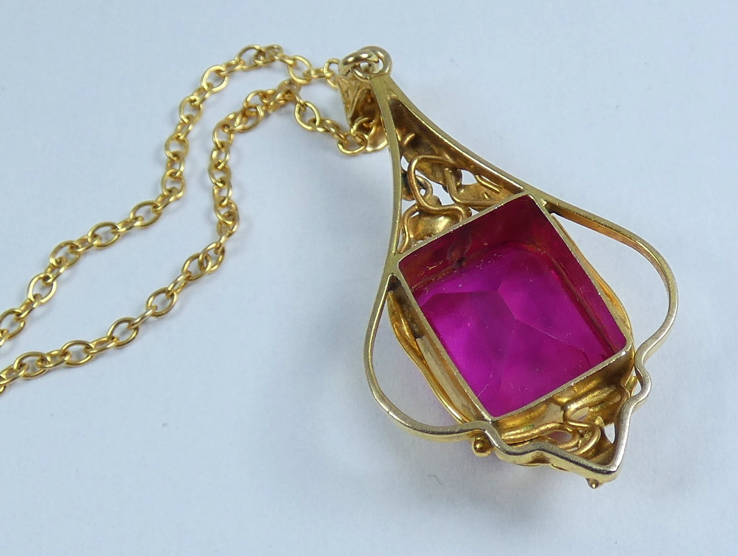 Antique Edwardian Solid 9ct Yellow Gold Ruby Pendant 41cm 16" Cable Necklace Red