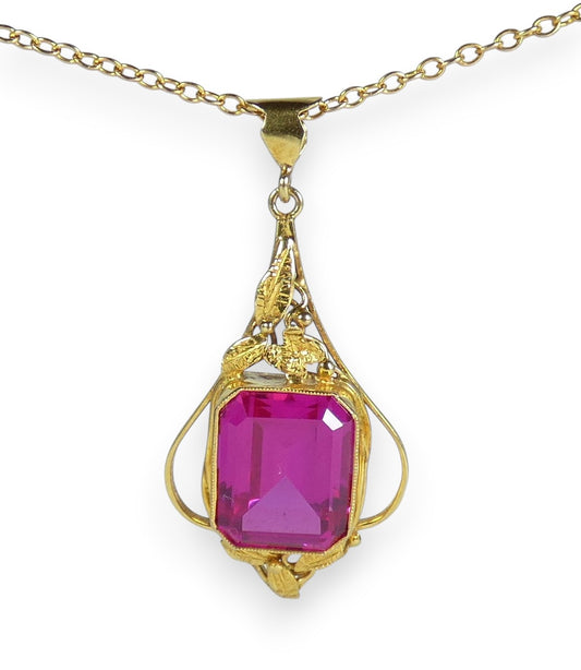 Antique Edwardian Solid 9ct Yellow Gold Ruby Pendant 41cm 16" Cable Necklace Red
