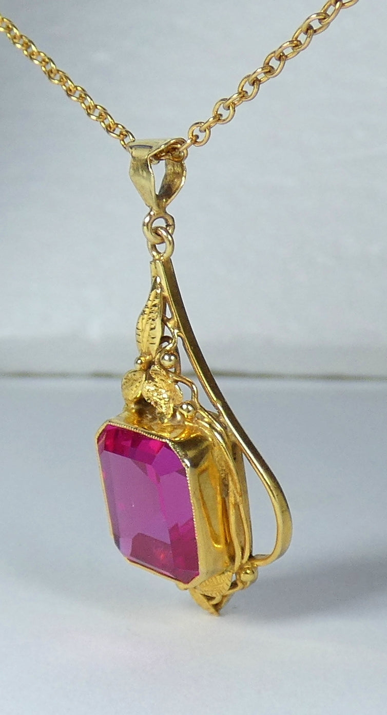 Antique Edwardian Solid 9ct Yellow Gold Ruby Pendant 41cm 16" Cable Necklace Red