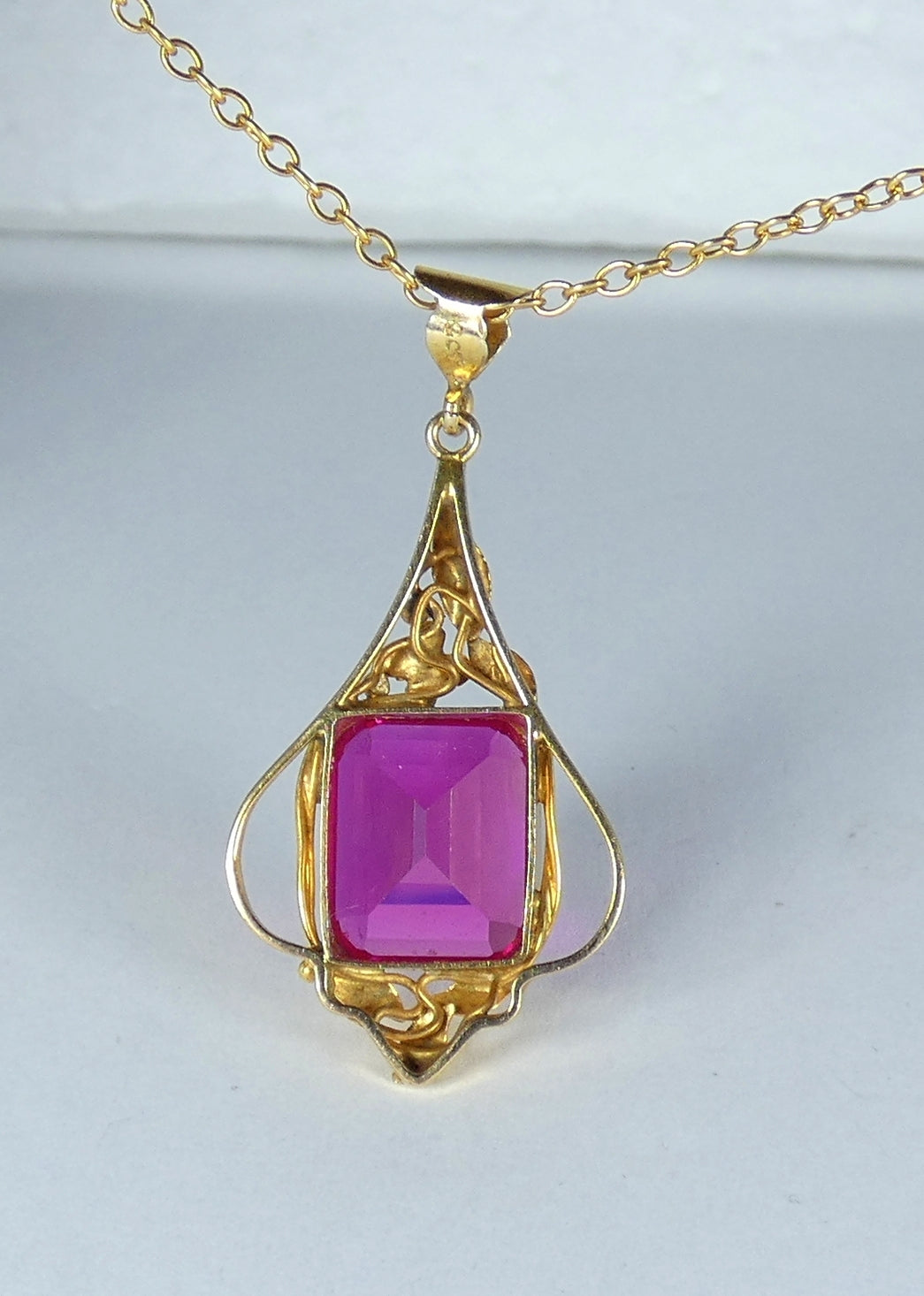 Antique Edwardian Solid 9ct Yellow Gold Ruby Pendant 41cm 16" Cable Necklace Red