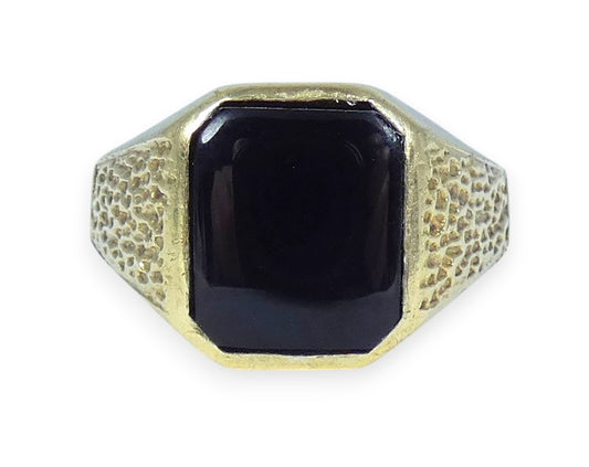 Vintage Heavy 1977 Solid 9ct Yellow Gold & Onyx Signet Cocktail Ring Size 8 P 56