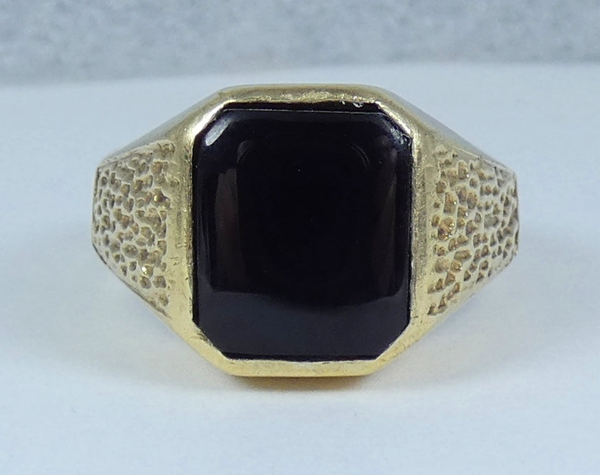 Vintage Heavy 1977 Solid 9ct Yellow Gold & Onyx Signet Cocktail Ring Size 8 P 56