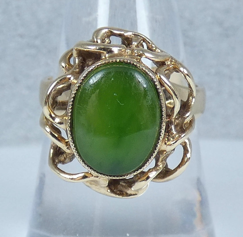Vintage Solid 9ct Yellow Gold Green Jadeite Jade Cocktail Dress Ring Size 8 P 56