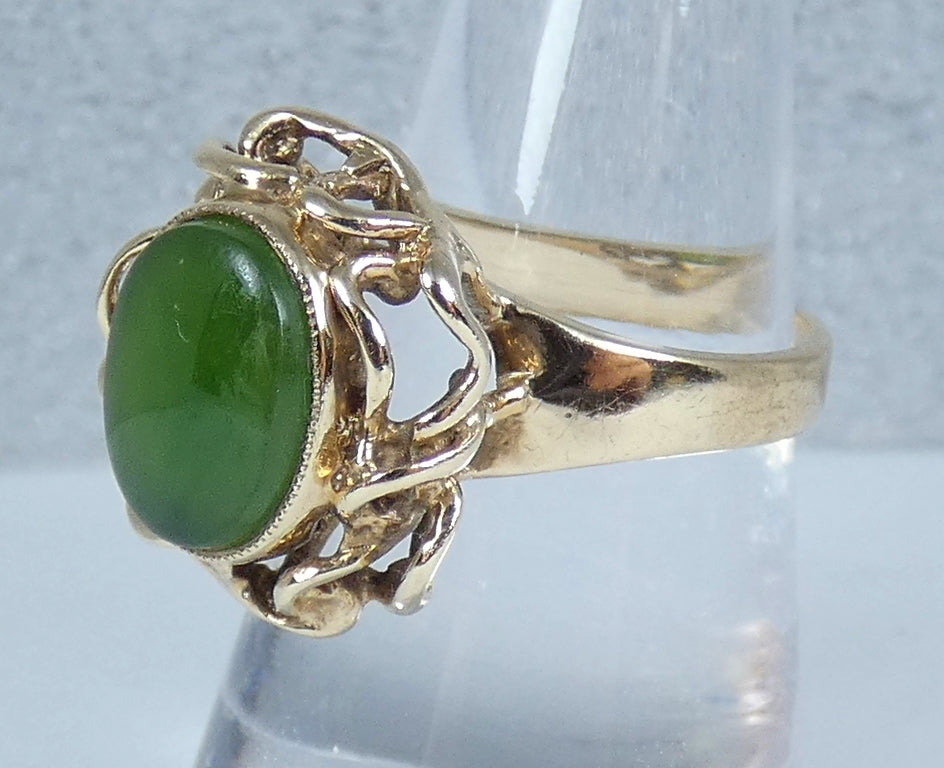 Vintage Solid 9ct Yellow Gold Green Jadeite Jade Cocktail Dress Ring Size 8 P 56