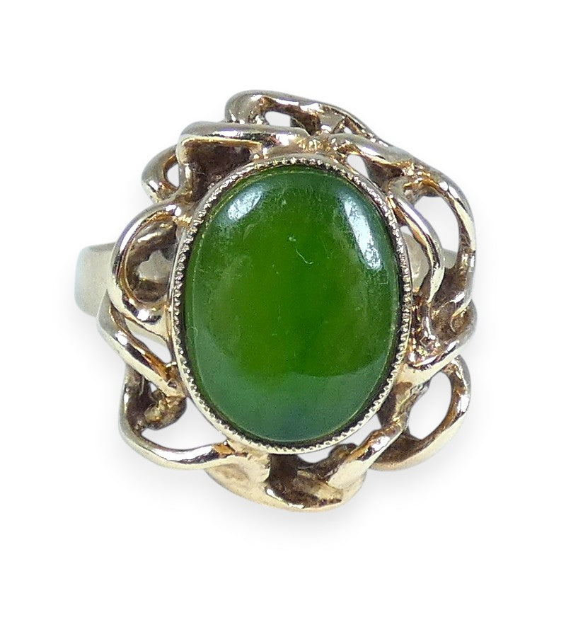 Vintage Solid 9ct Yellow Gold Green Jadeite Jade Cocktail Dress Ring Size 8 P 56