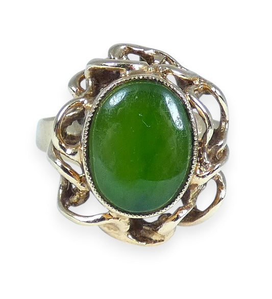 Vintage Solid 9ct Yellow Gold Green Jadeite Jade Cocktail Dress Ring Size 8 P 56