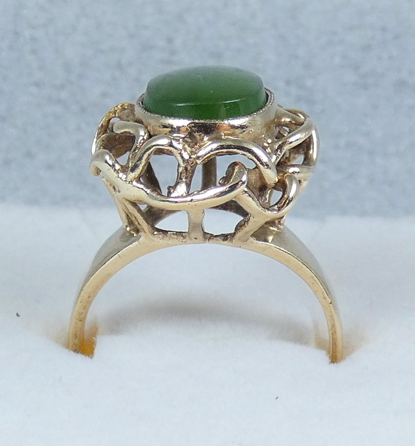 Vintage Solid 9ct Yellow Gold Green Jadeite Jade Cocktail Dress Ring Size 8 P 56