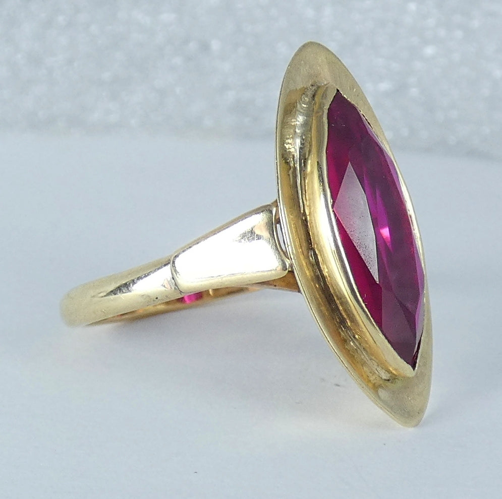Antique Vintage 9ct Yellow Gold Marquise Ruby Cocktail Dress Ring Size 6 L 51