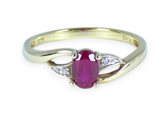 Modern Solid 9ct Yellow Gold Pink Oval Ruby & Diamond Dress Ring Size 7.5 O 55