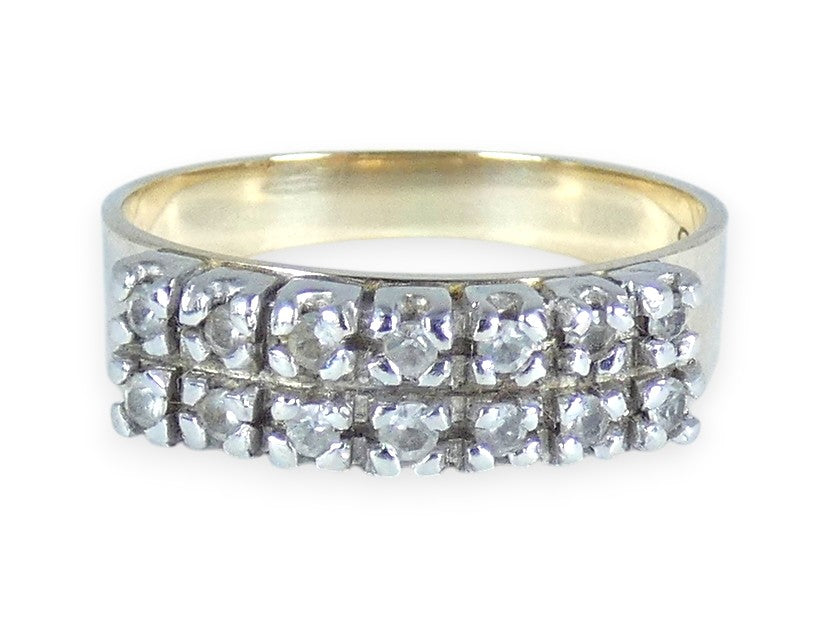Vintage Solid 9ct Yellow Gold White Spinel Two Row Wedding Band Ring Size 7 N 54