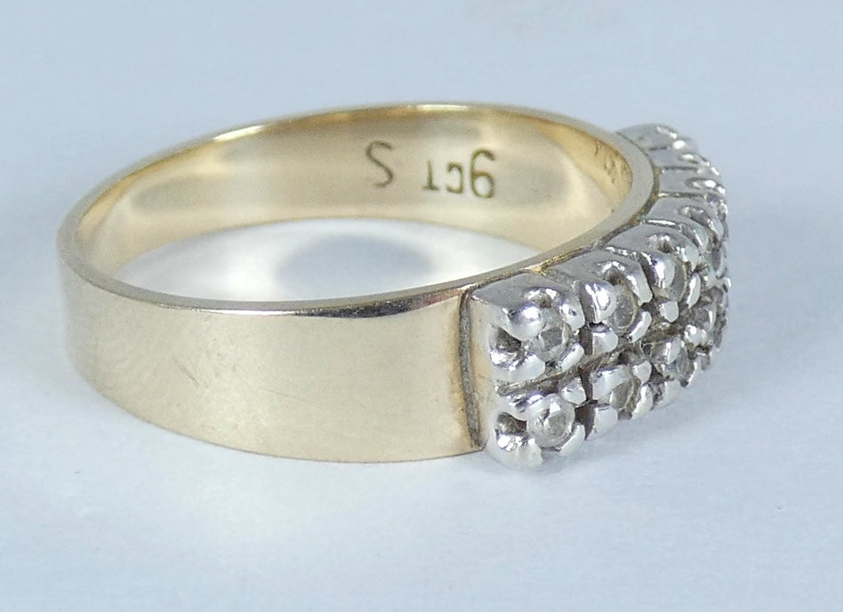 Vintage Solid 9ct Yellow Gold White Spinel Two Row Wedding Band Ring Size 7 N 54