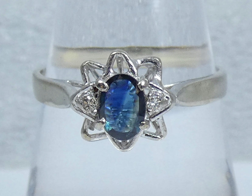 Solid 14ct White Gold Tri-Colour Parti Sapphire & Diamond Dress Ring Size 9 R 59