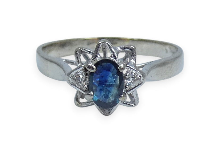 Solid 14ct White Gold Tri-Colour Parti Sapphire & Diamond Dress Ring Size 9 R 59
