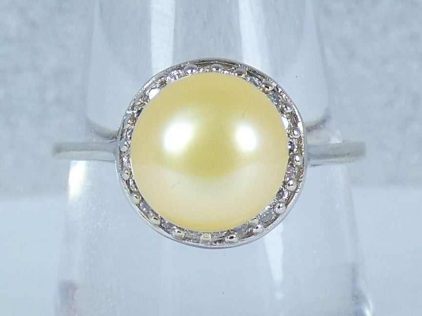 Solid 18ct Yellow Gold 8.5mm Golden Pearl & Diamond Cocktail Dress Ring 8 P 56
