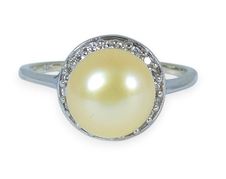 Solid 18ct Yellow Gold 8.5mm Golden Pearl & Diamond Cocktail Dress Ring 8 P 56