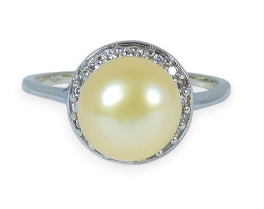 Solid 18ct Yellow Gold 8.5mm Golden Pearl & Diamond Cocktail Dress Ring 8 P 56
