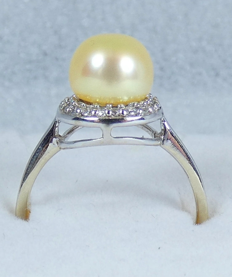 Solid 18ct Yellow Gold 8.5mm Golden Pearl & Diamond Cocktail Dress Ring 8 P 56