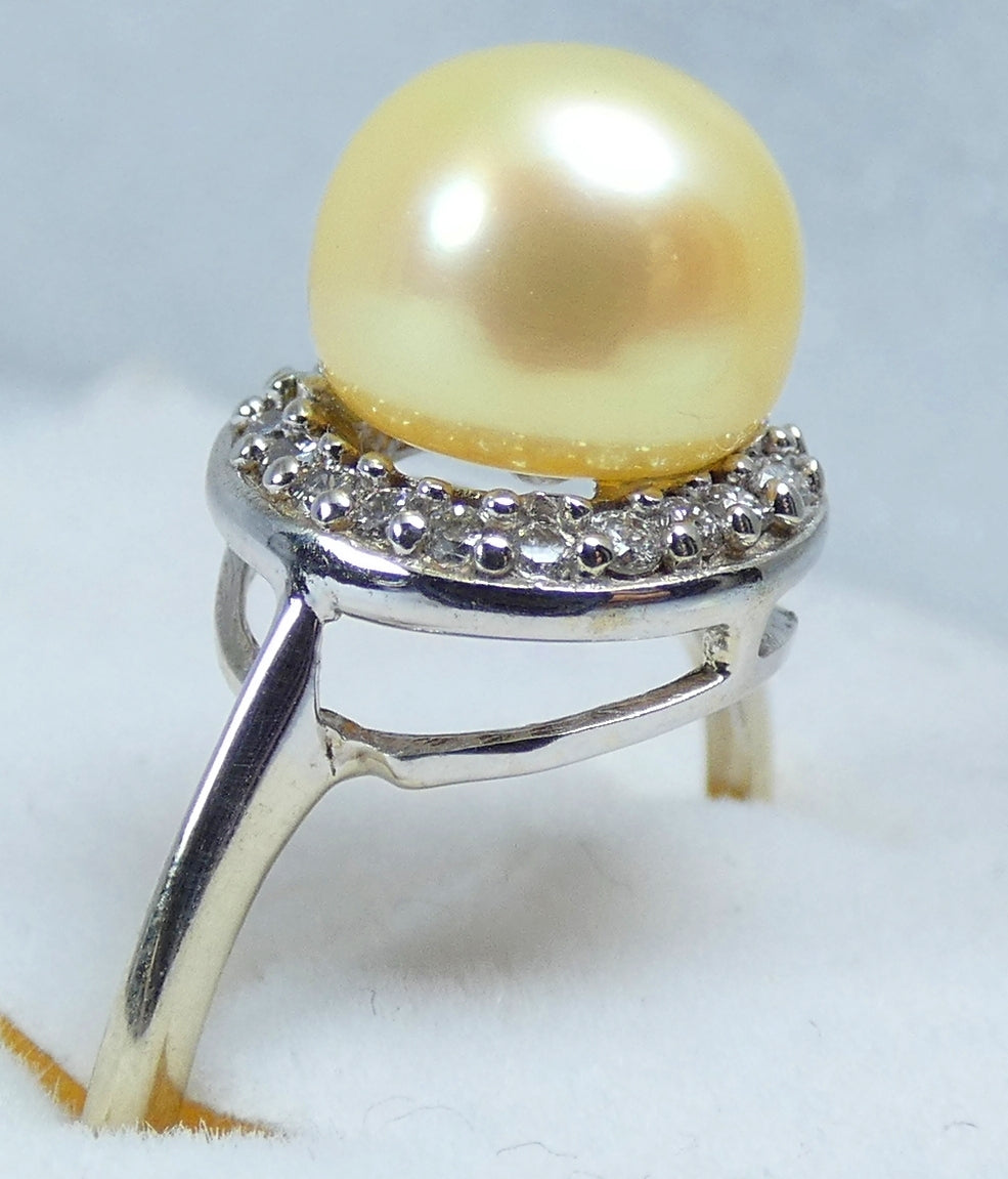 Solid 18ct Yellow Gold 8.5mm Golden Pearl & Diamond Cocktail Dress Ring 8 P 56