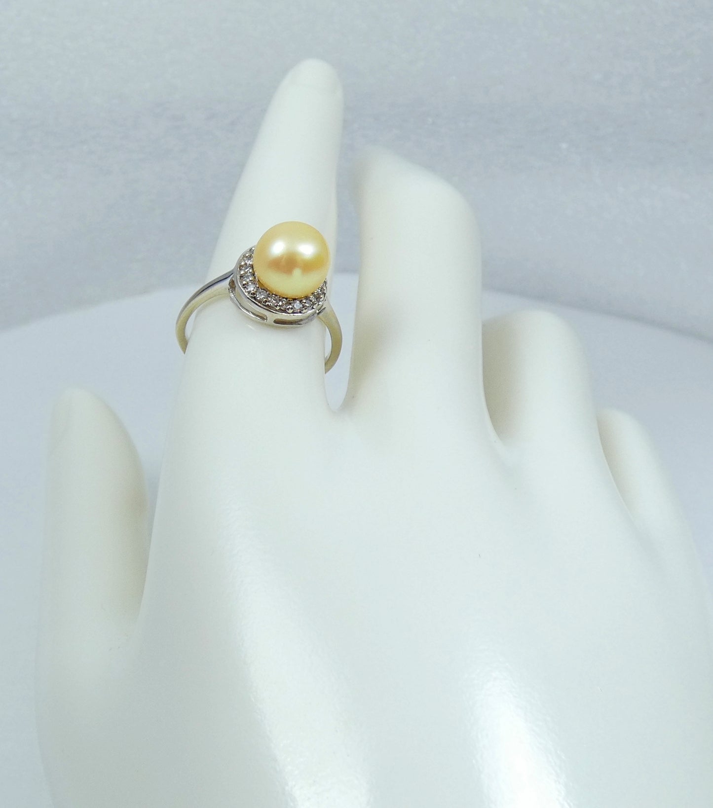 Solid 18ct Yellow Gold 8.5mm Golden Pearl & Diamond Cocktail Dress Ring 8 P 56