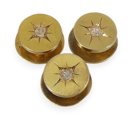 Antique Edwardian 1900 Set 3 Solid 15ct Yellow Gold & Diamond Dress Studs Button