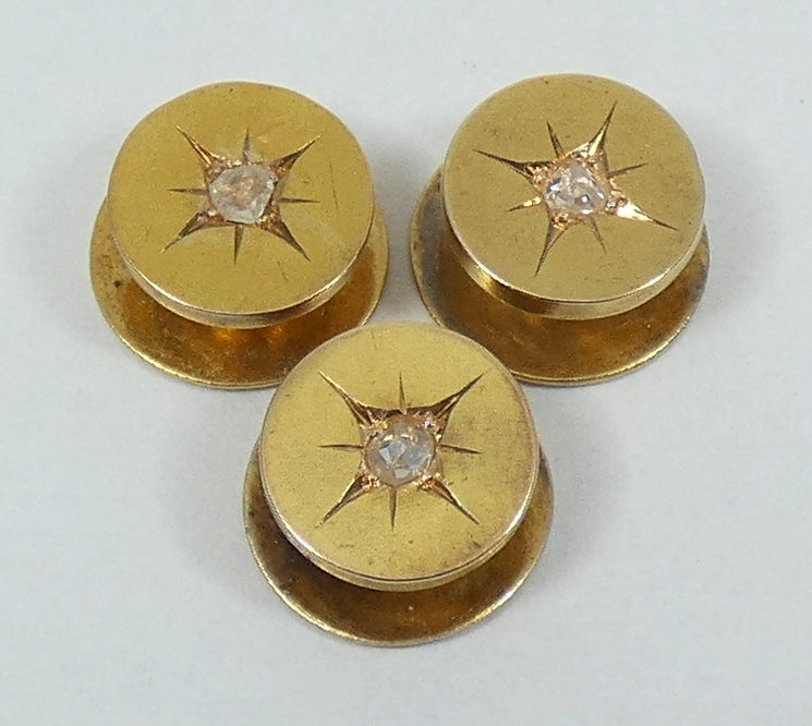 Antique Edwardian 1900 Set 3 Solid 15ct Yellow Gold & Diamond Dress Studs Button