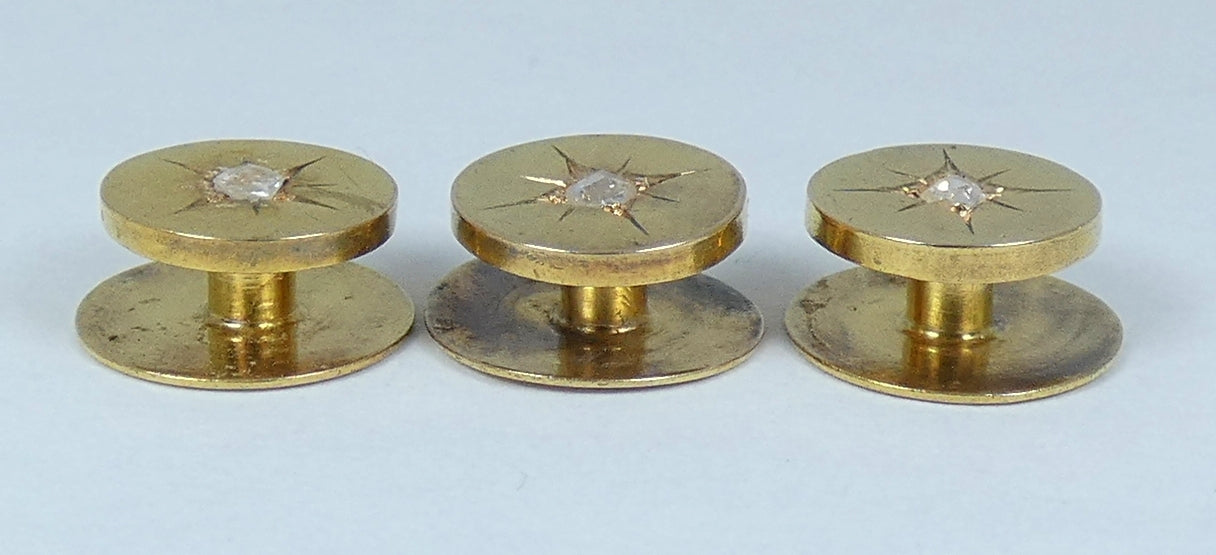 Antique Edwardian 1900 Set 3 Solid 15ct Yellow Gold & Diamond Dress Studs Button