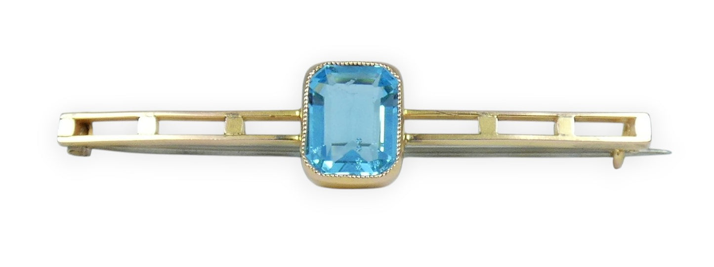 Antique Art Deco Solid 9ct Yellow Gold Aquamarine Blue Paste Twin Bar Brooch Pin