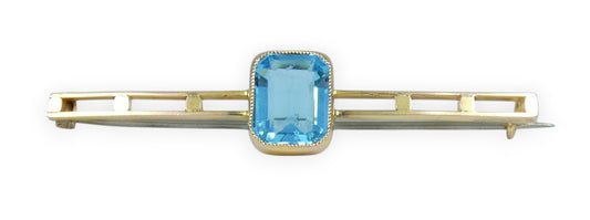 Antique Art Deco Solid 9ct Yellow Gold Aquamarine Blue Paste Twin Bar Brooch Pin