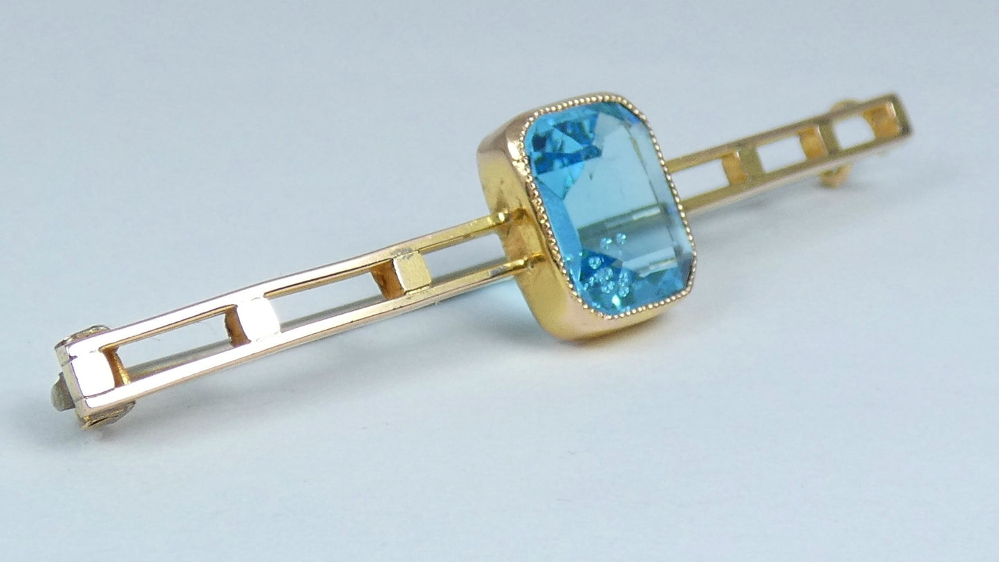 Antique Art Deco Solid 9ct Yellow Gold Aquamarine Blue Paste Twin Bar Brooch Pin