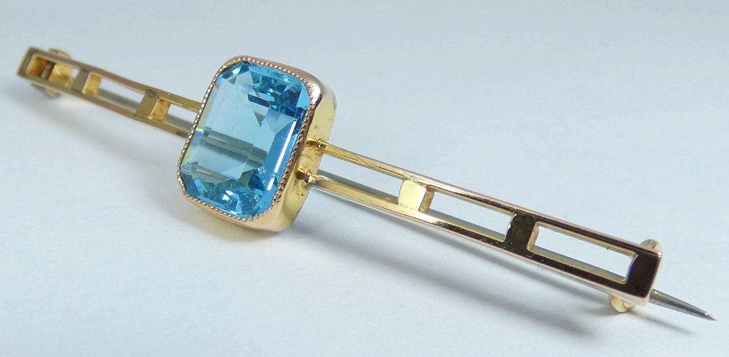 Antique Art Deco Solid 9ct Yellow Gold Aquamarine Blue Paste Twin Bar Brooch Pin