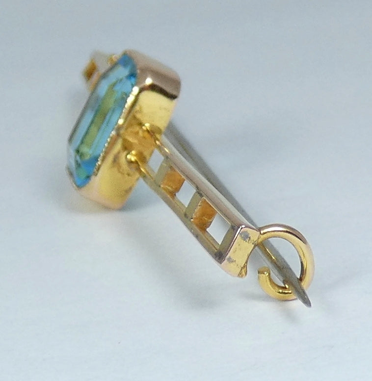 Antique Art Deco Solid 9ct Yellow Gold Aquamarine Blue Paste Twin Bar Brooch Pin