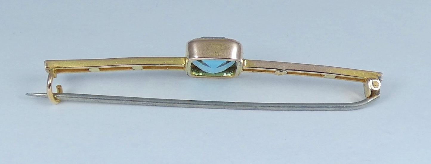 Antique Art Deco Solid 9ct Yellow Gold Aquamarine Blue Paste Twin Bar Brooch Pin