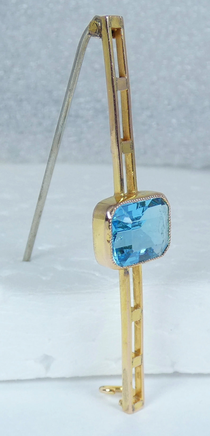 Antique Art Deco Solid 9ct Yellow Gold Aquamarine Blue Paste Twin Bar Brooch Pin