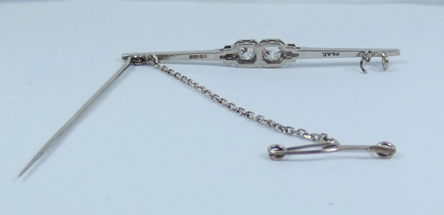 Vintage Solid 18ct White Gold Platinum 0.52ct Diamond Toi Et Moi Bar Brooch Pin