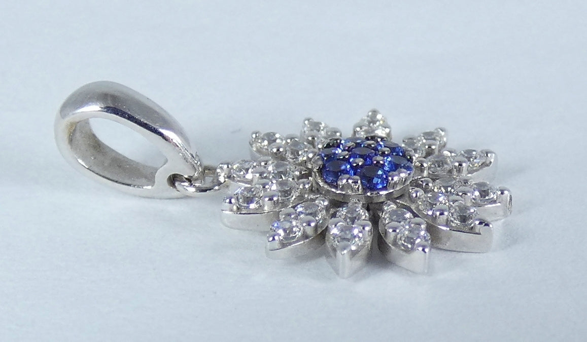 Solid 18ct White Gold Blue Sapphire Cluster Flower Sun Necklace Pendant Charm