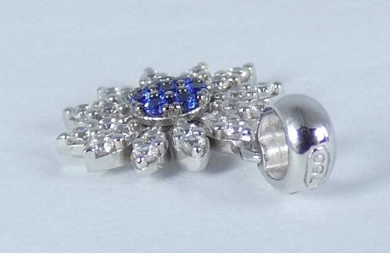 Solid 18ct White Gold Blue Sapphire Cluster Flower Sun Necklace Pendant Charm
