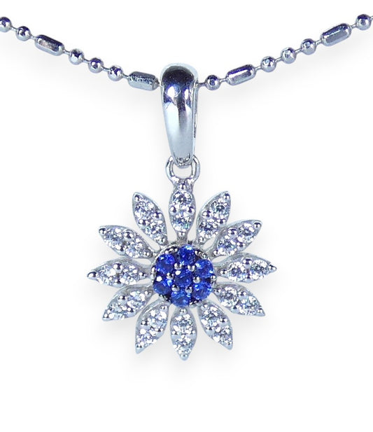 Solid 18ct White Gold Blue Sapphire Cluster Flower Sun Necklace Pendant Charm