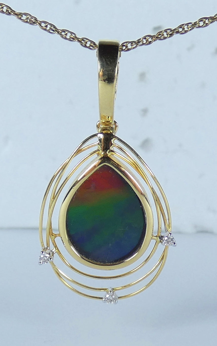 Korite Princess Solara Solid 18ct Yellow Gold Ammolite Diamond Necklace Pendant