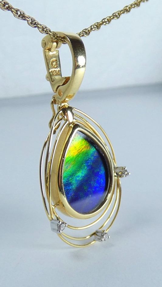 Korite Princess Solara Solid 18ct Yellow Gold Ammolite Diamond Necklace Pendant