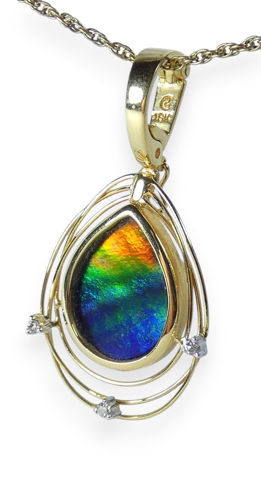 Korite Princess Solara Solid 18ct Yellow Gold Ammolite Diamond Necklace Pendant