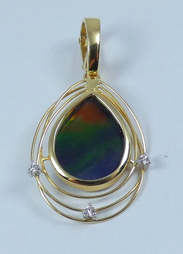 Korite Princess Solara Solid 18ct Yellow Gold Ammolite Diamond Necklace Pendant