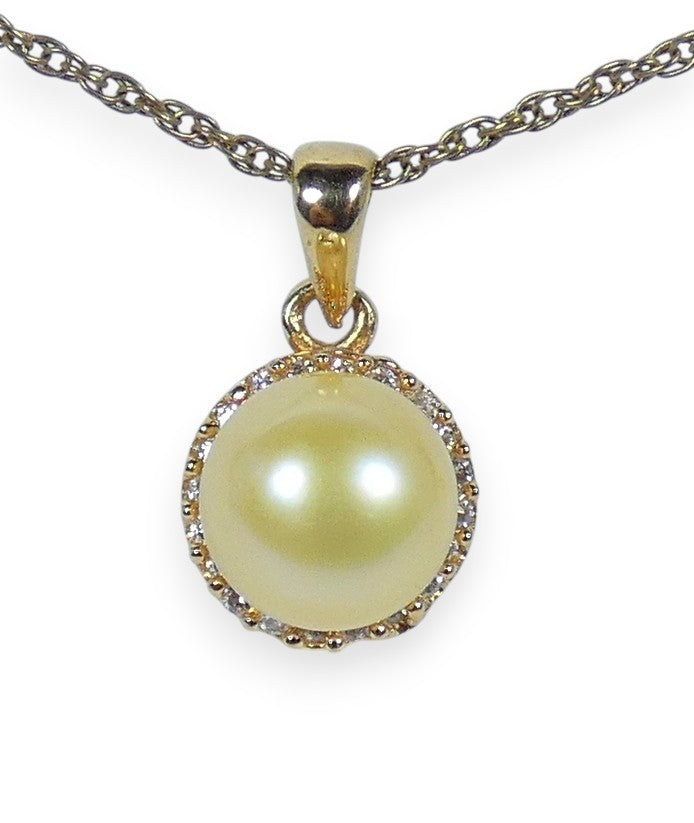Solid 18ct Yellow Gold 8.5mm Golden Pearl & Diamond Cluster Necklace Pendant 750