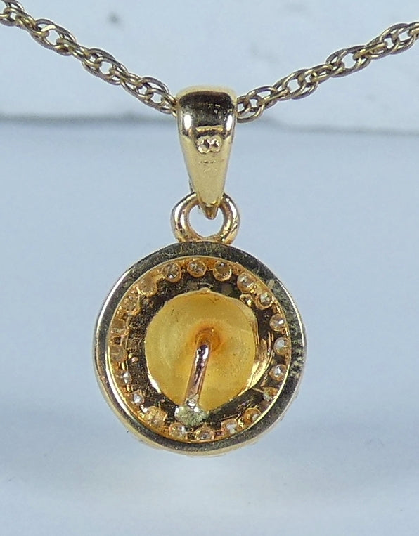 Solid 18ct Yellow Gold 8.5mm Golden Pearl & Diamond Cluster Necklace Pendant 750