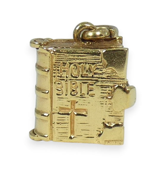 Vintage 1968 English 9ct Yellow Gold Opening Holy Bible Bracelet Charm Pendant