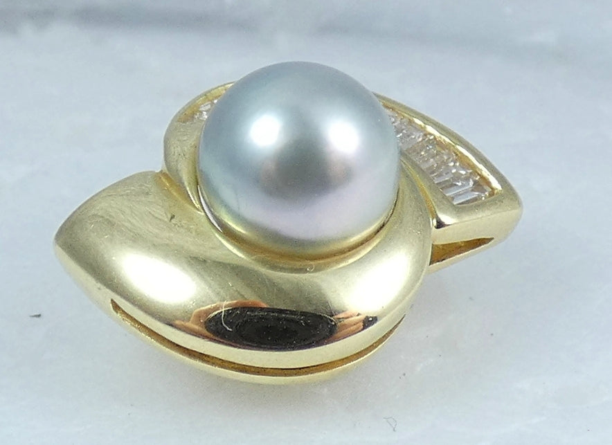 Vintage Solid 14ct Yellow Gold 7mm Pearl & 0.35ct Diamond Tie Cravat Pin Tack