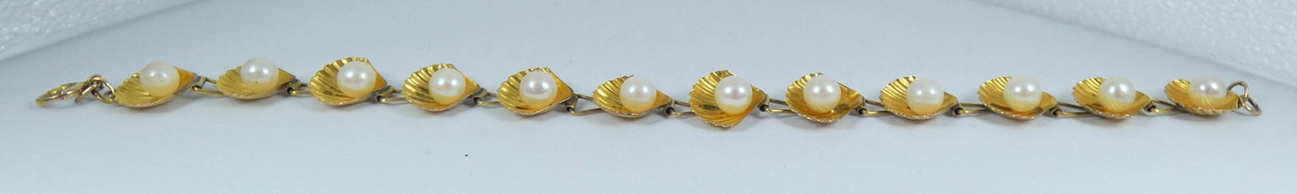 Vintage Solid 10ct Yellow Gold Pearl 12mm Oyster Shell Panel 19cm 7.5" Bracelet