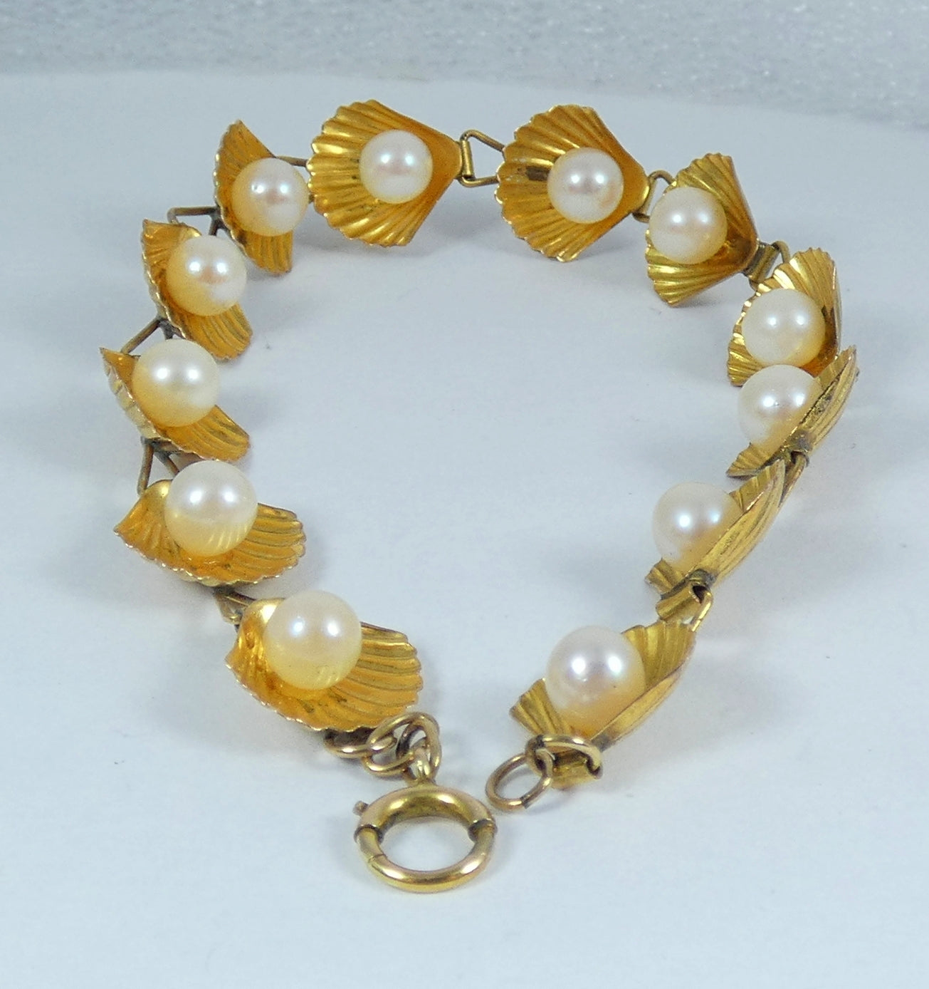 Vintage Solid 10ct Yellow Gold Pearl 12mm Oyster Shell Panel 19cm 7.5" Bracelet