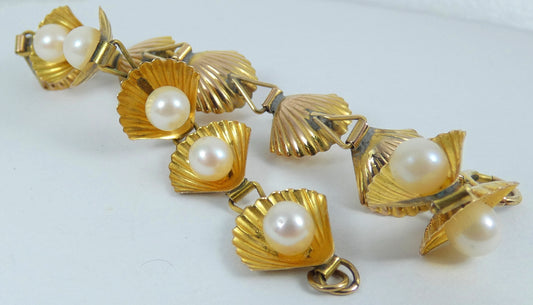 Vintage Solid 10ct Yellow Gold Pearl 12mm Oyster Shell Panel 19cm 7.5" Bracelet